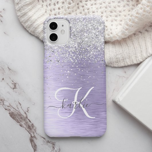 Paarse Geborstelde Metaal Zilveren Glitter Monogra iPhone Hoesje