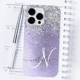 Paarse Geborstelde Metaal Zilveren Glitter Monogra iPhone 14 Pro Max Hoesje