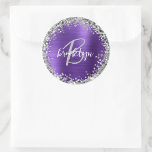 Paarse Geborstelde Metaal Zilveren Glitter Monogra Ronde Sticker