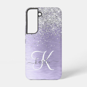 Paarse Geborstelde Metaal Zilveren Glitter Monogra Samsung Galaxy Hoesje