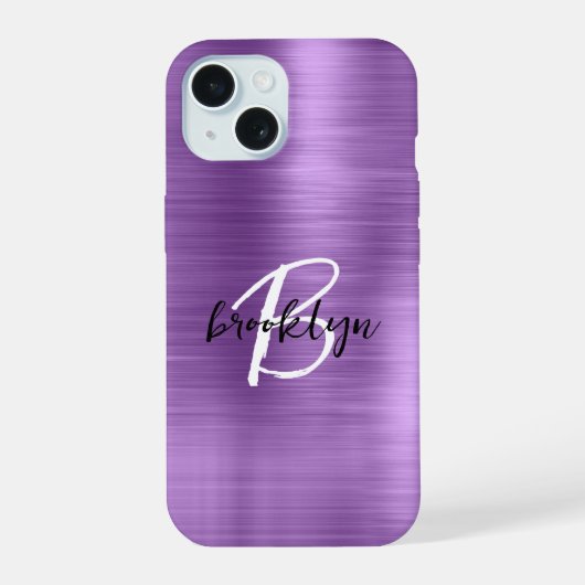 Paarse Geborstelde Metaal Zwart Witte Script Monog iPhone 15 Case (Achterkant)