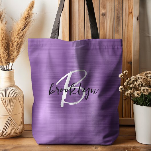 Paarse Geborstelde Metaal Zwart Witte Script Monog Tote Bag
