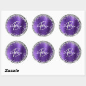 Paarse geborstelde metalen zilveren glitter monogr ronde sticker (Vel)
