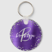 Paarse geborstelde metalen zilveren glitter monogr sleutelhanger (Voorkant)