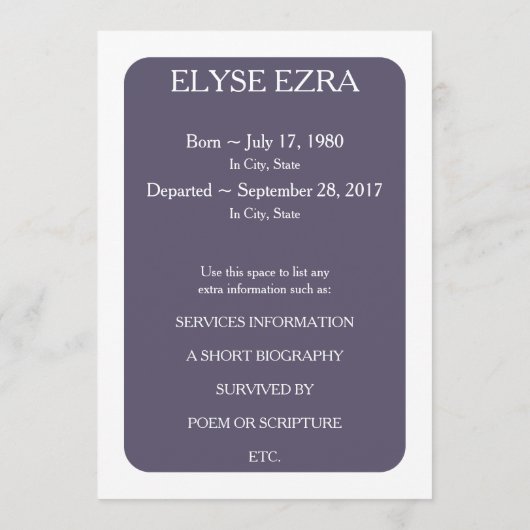 paarse gedenkkaarten programmakaart (Achterkant)