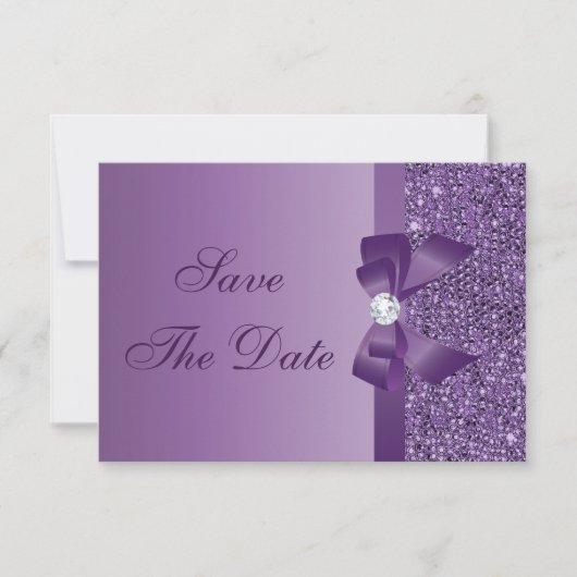 Paarse Gedrukte Lovertjes Bruiloft Save the Date (Voorkant)