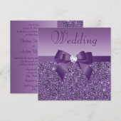 Paarse gedrukte pailletten Bow & Diamond bruiloft Kaart (Voorkant / Achterkant)