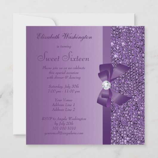 Paarse gedrukte pailletten Bow & Diamond Sweet 16 Kaart (Achterkant)