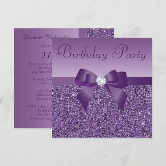 Paarse gedrukte sequins Bow & Diamond Birthday Kaart (Voorkant / Achterkant)