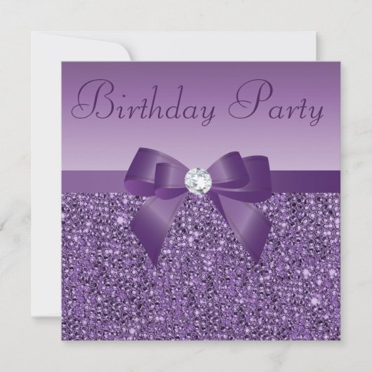 Paarse gedrukte sequins Bow & Diamond Birthday Kaart (Voorkant)