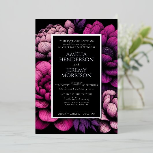 Paarse gedurfde bloem folie uitnodiging (Staand Voorkant)