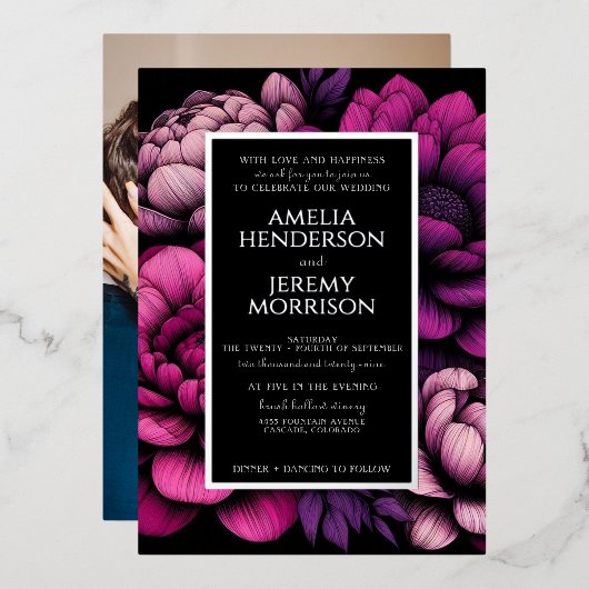 Paarse gedurfde bloem met foto folie uitnodiging (Voorkant / Achterkant)