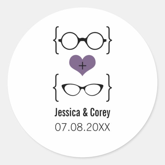 Paarse Geeky Glasses Wedding Stickers (Voorkant)