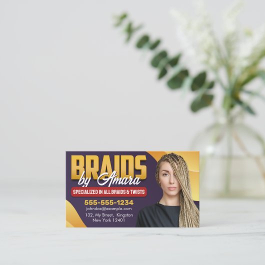 Paarse & Geel Afrikaans Haar Vlechten Foto Vlechte Visitekaartje (Staand voorkant)