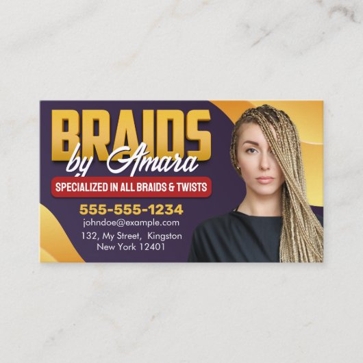 Paarse & Geel Afrikaans Haar Vlechten Foto Vlechte Visitekaartje (Voorkant)