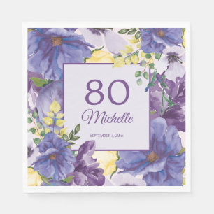 Paarse Geel Aquarel Bloemige 80ste Verjaardag Servet
