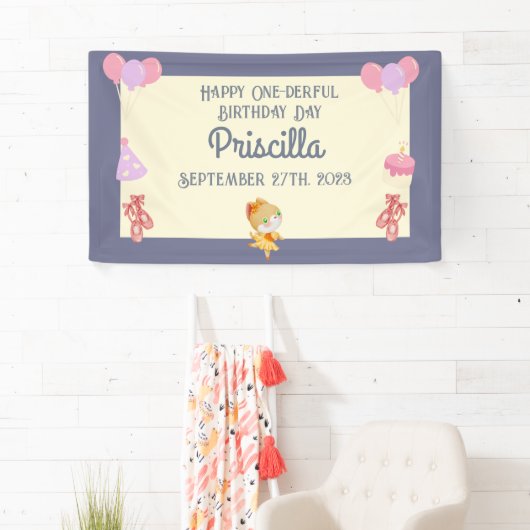 Paarse Geel Ballerina Kat Kids Verjaardagsfeest Spandoek (Insitu)
