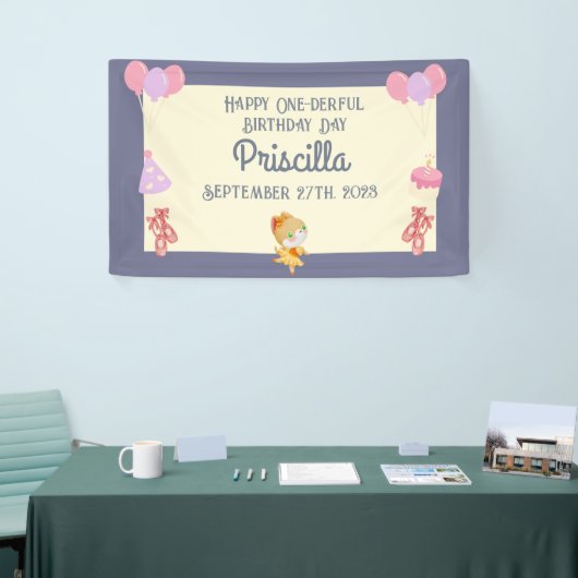 Paarse Geel Ballerina Kat Kids Verjaardagsfeest Spandoek (Beurs)