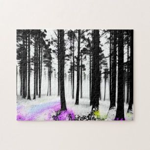Paarse Geel Blauw in Zwart Silhouetbos Legpuzzel