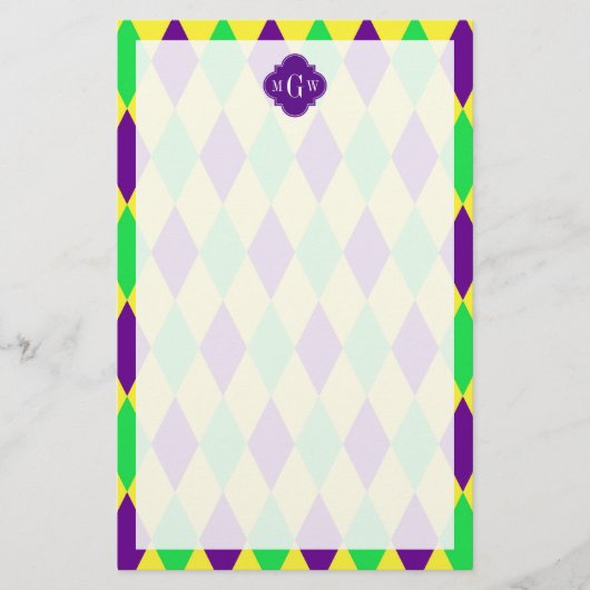 Paarse Geel Groen Harlequin Purp Quat 3 Monogram Briefpapier (Voorkant)