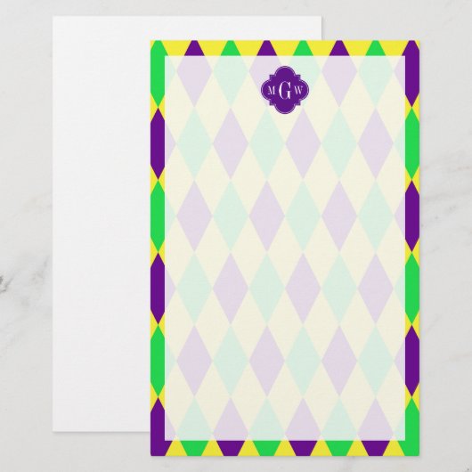 Paarse Geel Groen Harlequin Purp Quat 3 Monogram Briefpapier (Voorkant / Achterkant)