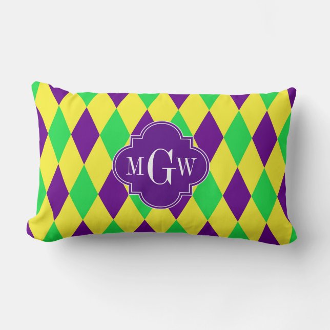 Paarse Geel Groen Harlequin Purp Quat 3 Monogram Kussen (Voorkant)