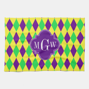 Paarse Geel Groen Harlequin Purp Quat 3 Monogram Theedoek
