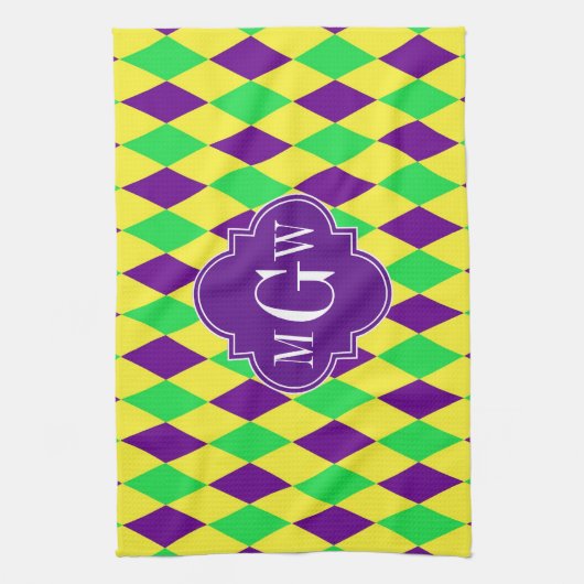 Paarse Geel Groen Harlequin Purp Quat 3 Monogram Theedoek (Verticaal)