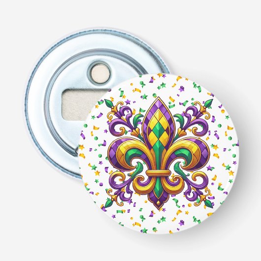 Paarse geel groen Mardi Gras fleur de lis Button Flesopener (Voorkant)