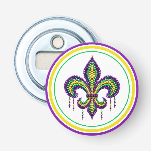 Paarse geel groen Mardi Gras fleur de lis Button Flesopener (Voorkant)