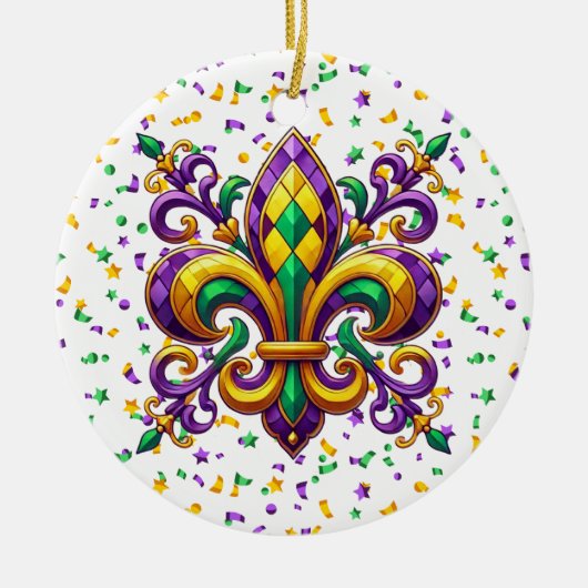 Paarse geel groen Mardi Gras fleur de lis Keramisch Ornament (Voorkant)