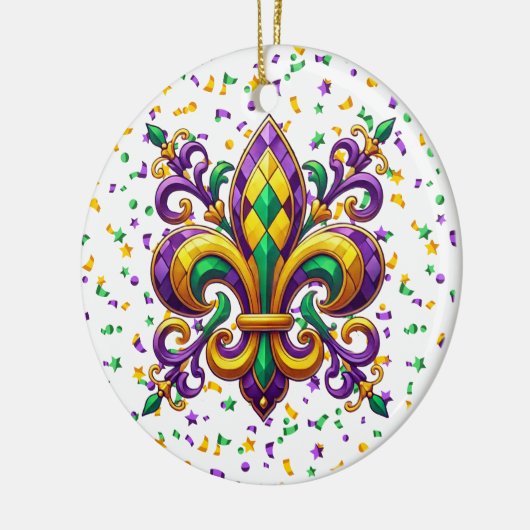 Paarse geel groen Mardi Gras fleur de lis Keramisch Ornament (Links)