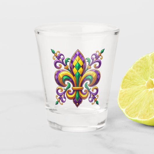 Paarse geel groen Mardi Gras fleur de lis Shot Glas (Voorkant)