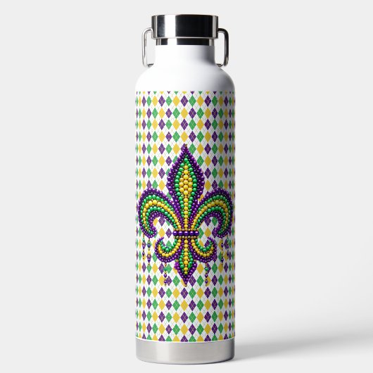 Paarse geel groen Mardi Gras fleur de lis Waterfles (Voorkant)