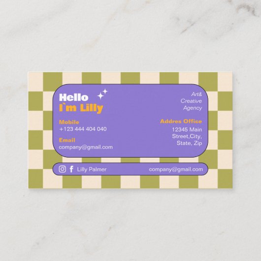 Paarse Geel Groen Retro Checkerboard Boho Visitekaartje (Achterkant)