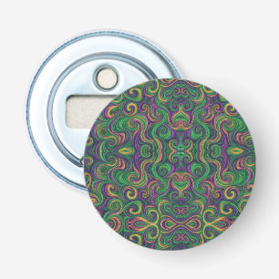 Paarse geel groene Mardi Gras wervelt abstract Button Flesopener