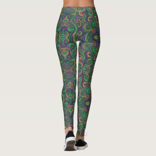 Paarse geel groene Mardi Gras wervelt abstract Leggings (Achterkant)