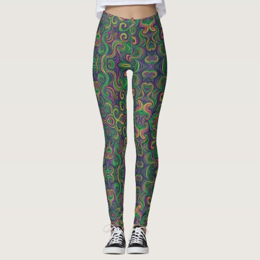 Paarse geel groene Mardi Gras wervelt abstract Leggings (Voorkant)