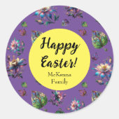 Paarse Geel Happy Easter Spring Flower Class Ronde Sticker (Voorkant)