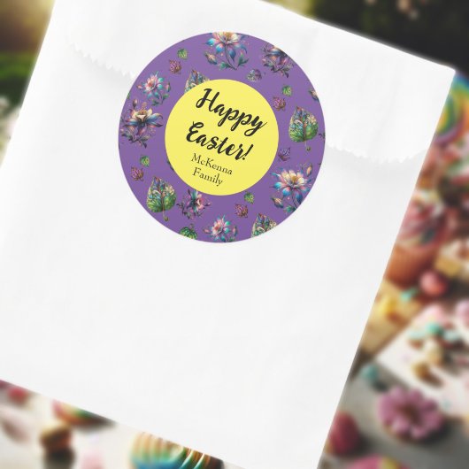 Paarse Geel Happy Easter Spring Flower Class Ronde Sticker