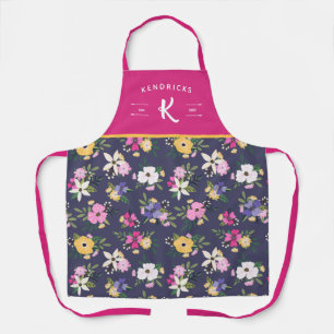 Paarse geel roze bloemetjesmonogram schort