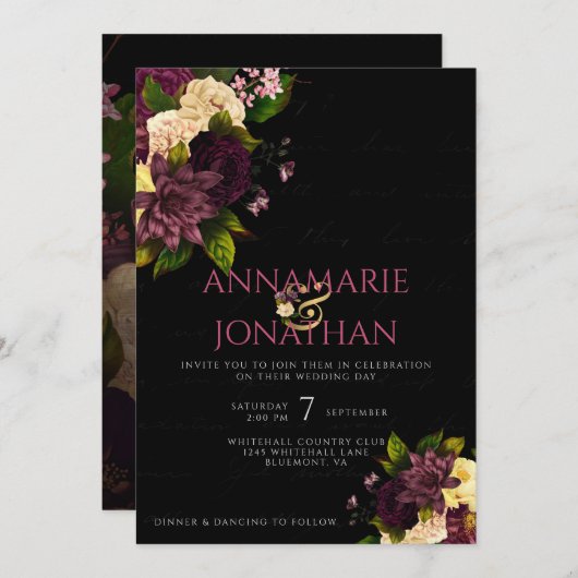 Paarse Geel Roze Pioenen & Rozen Bruiloft & RSVP Kaart (Voorkant / Achterkant)