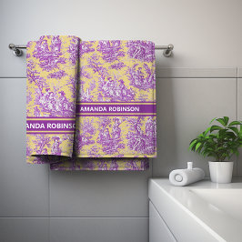  paarse geel Toile de Jouy bedrukt Bad Handdoek