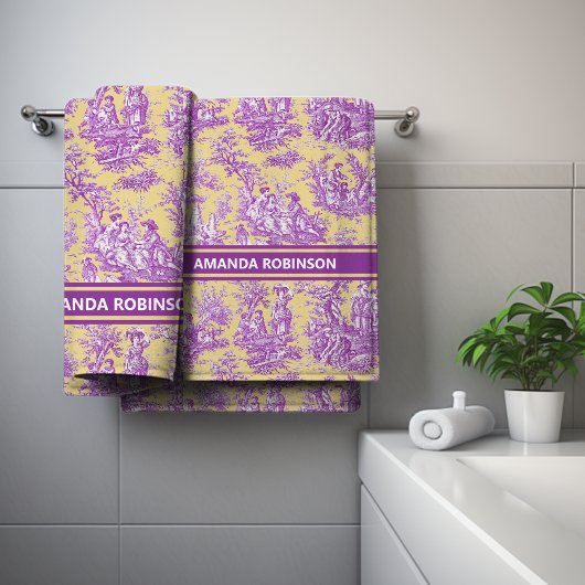  paarse geel Toile de Jouy bedrukt Bad Handdoek