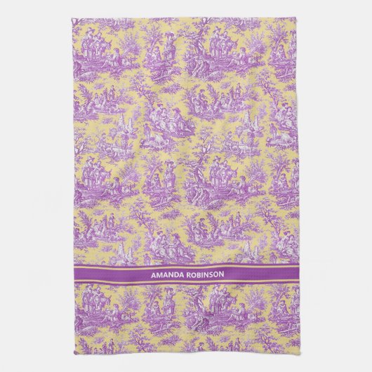  paarse geel Toile de Jouy bedrukt Theedoek (Verticaal)