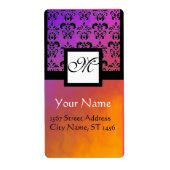 PAARSE GEEL VIOLET ZWART DAMASK, SQUARE MONOGRAM ETIKET (Voorkant)