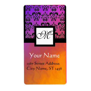 PAARSE GEEL VIOLET ZWART DAMASK, SQUARE MONOGRAM ETIKET