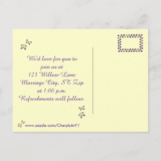 Paarse geeldiamant Butterflies nodigt Briefkaart u (Achterkant)