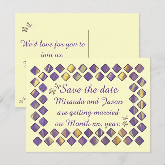 Paarse geeldiamanten buplifjes Sla de datum op Aankondigingskaart (Voorkant / Achterkant)