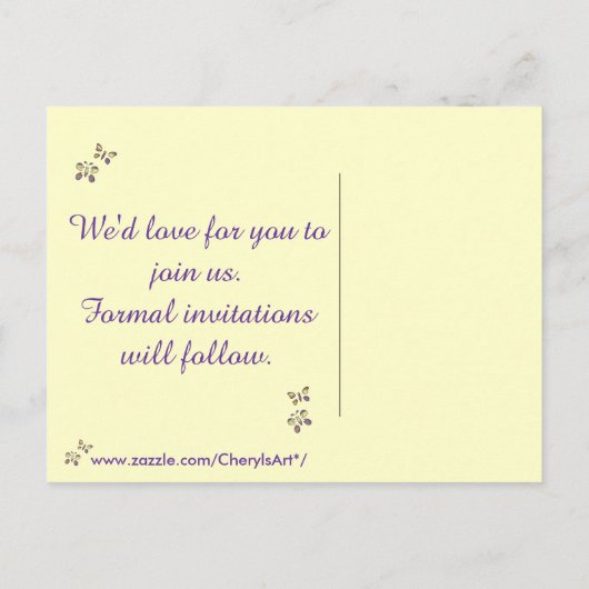 Paarse geeldiamanten buplifjes Sla de datum op Aankondigingskaart (Achterkant)